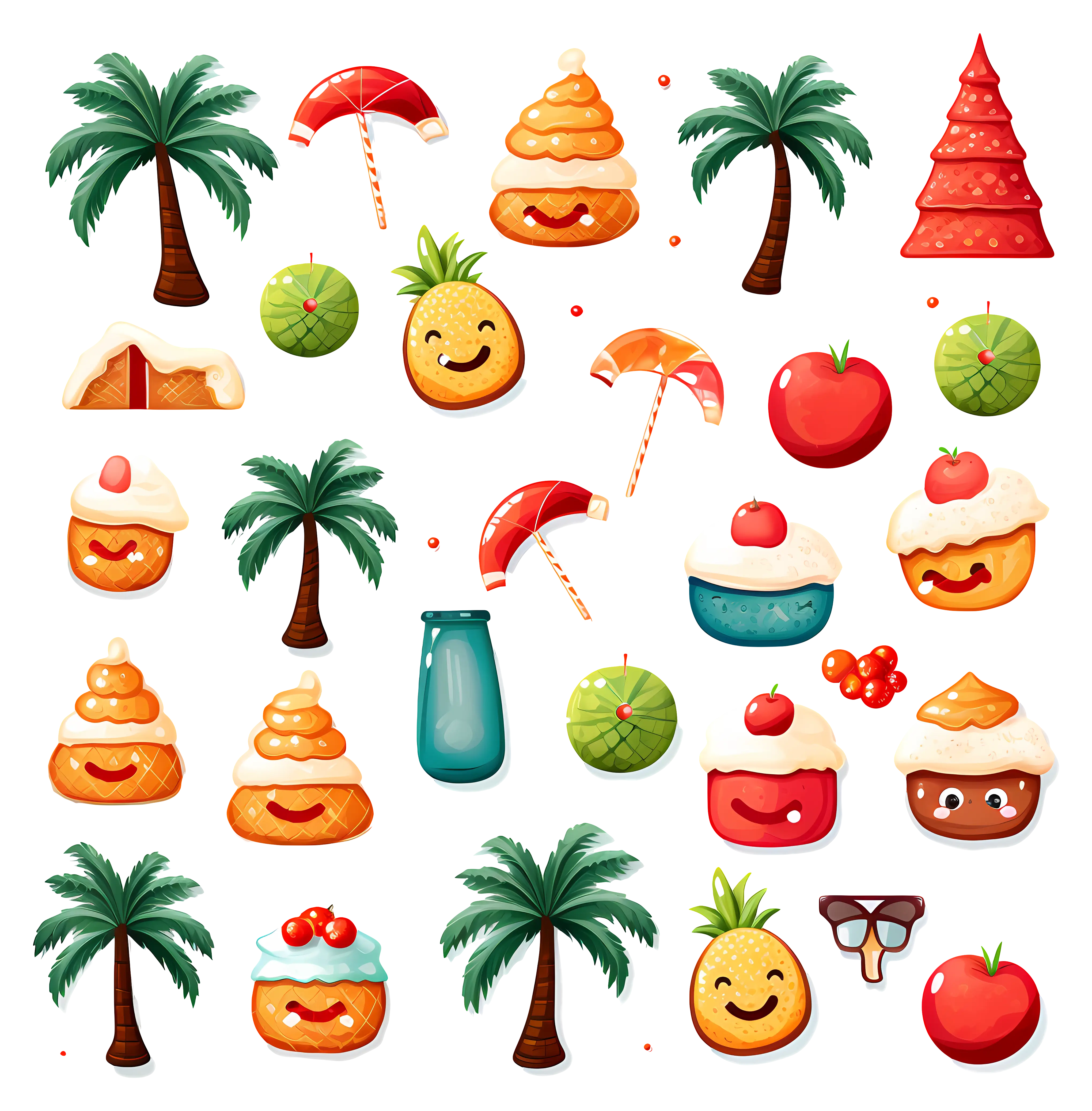 Tropical Icons with Palm Trees and Fruits