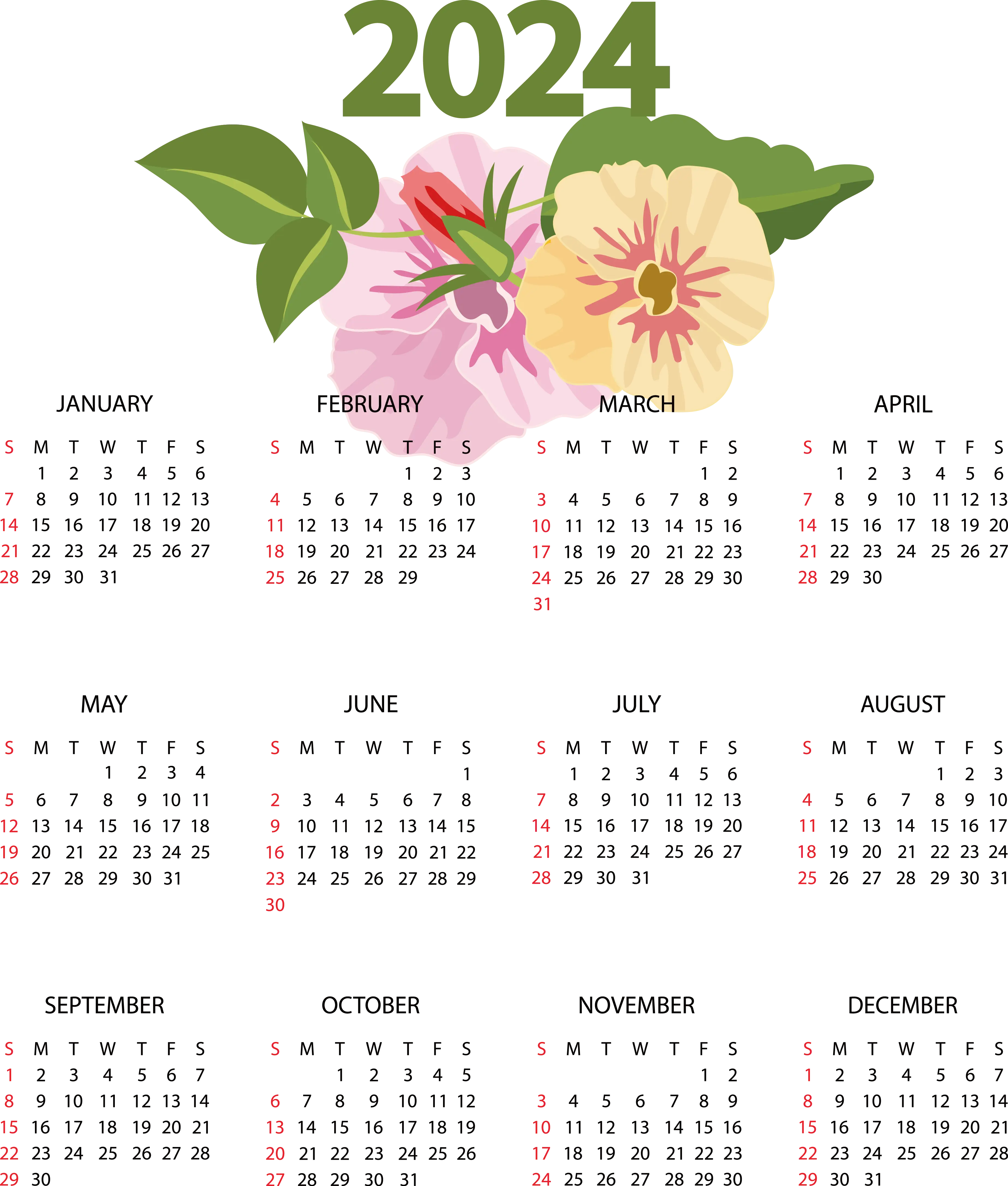 2024 Decorative Calendar with Floral Theme