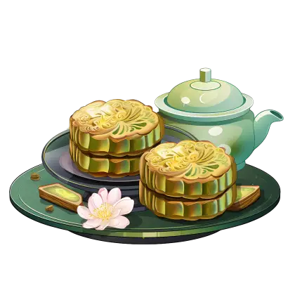 Green mooncakes with teapot