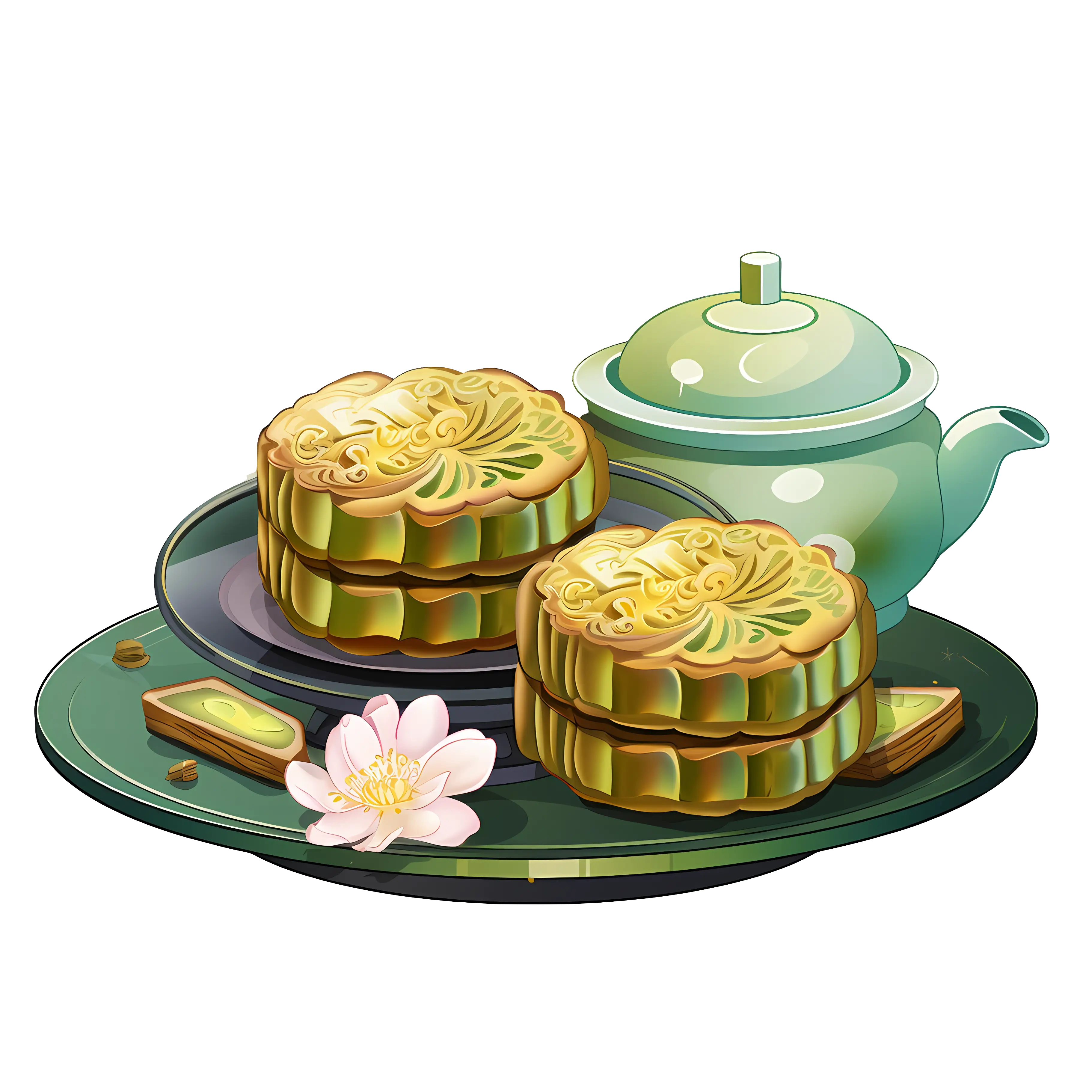 Green mooncakes with teapot