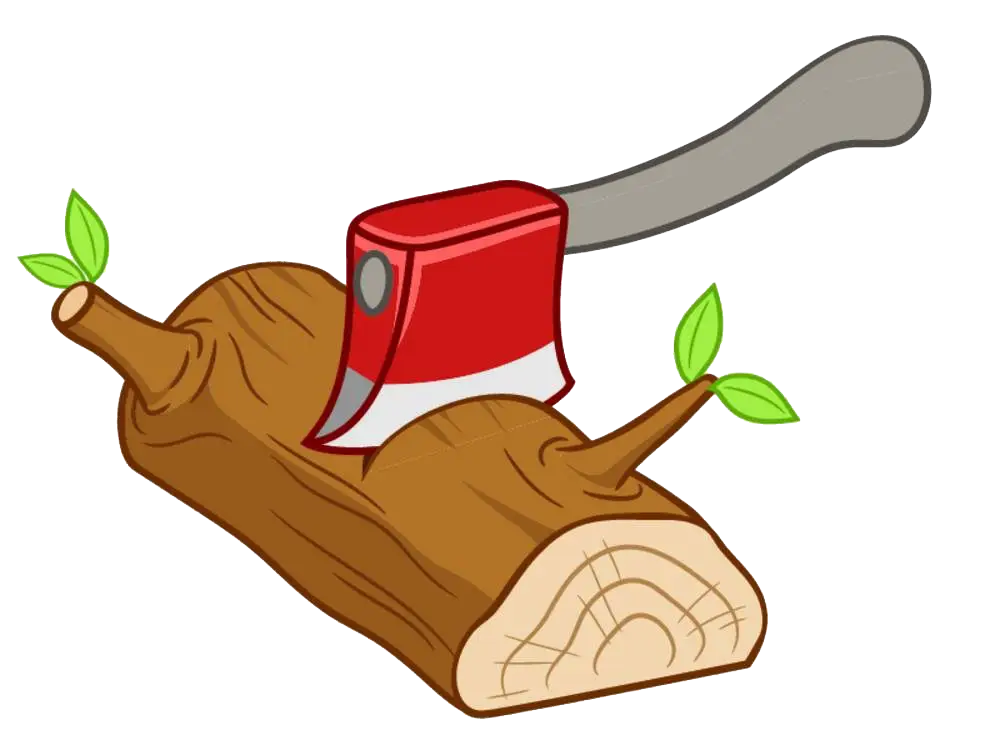 Axe Chopping a Log with Green Leaves