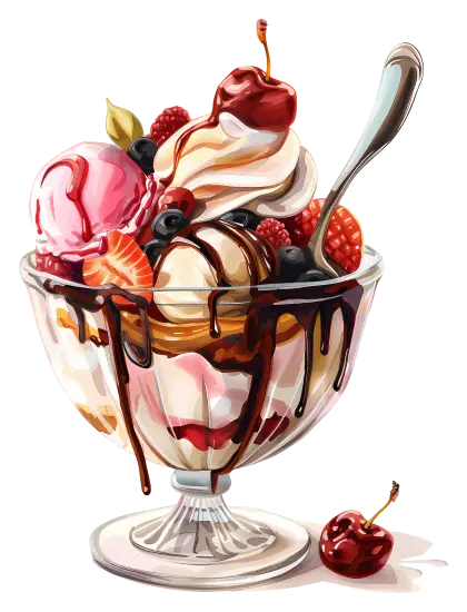 Delicious Ice Cream Sundae with Fruits and Chocolate