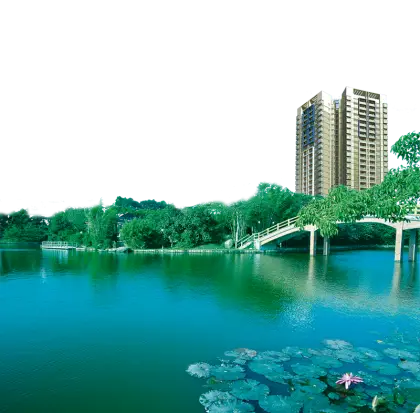 Lake with Building and Bridge