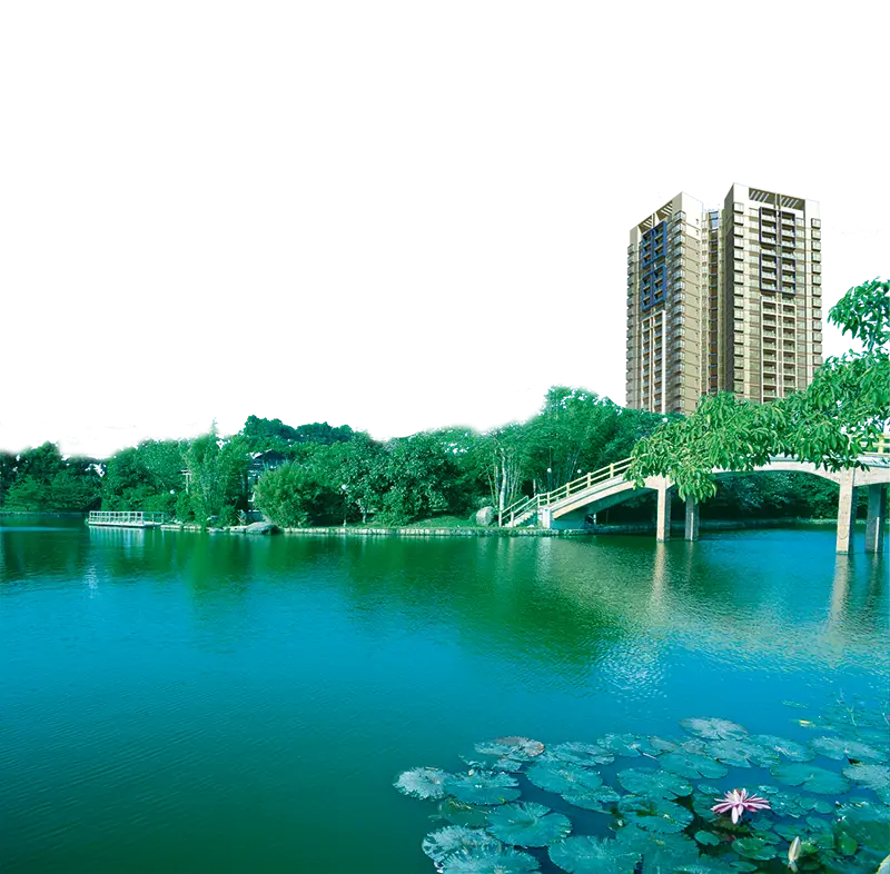 Lake with Building and Bridge