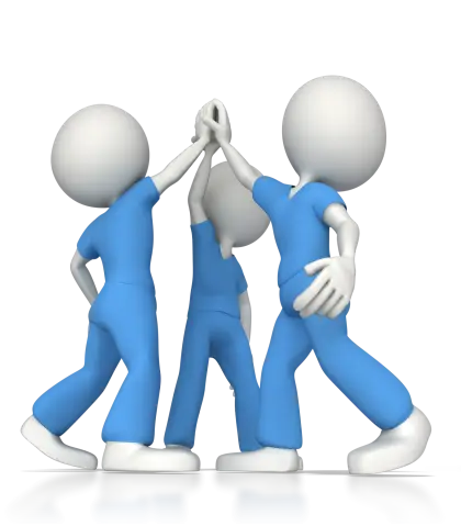 Cartoon Workers High-Five in Blue Uniforms