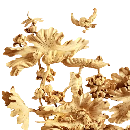 Exquisite Wooden Floral Carving Sculpture