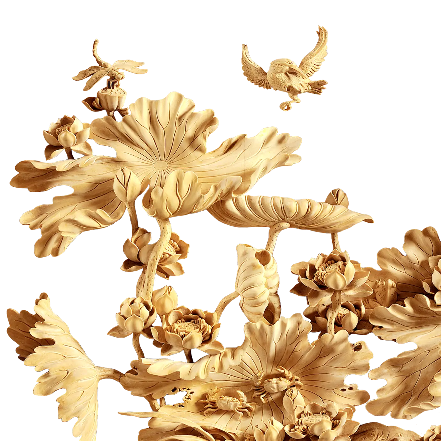 Exquisite Wooden Floral Carving Sculpture