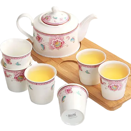 Beautiful teapot and cups set on a tray