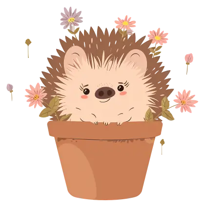 Cartoon Hedgehog Sitting in a Flower Pot with Flowers