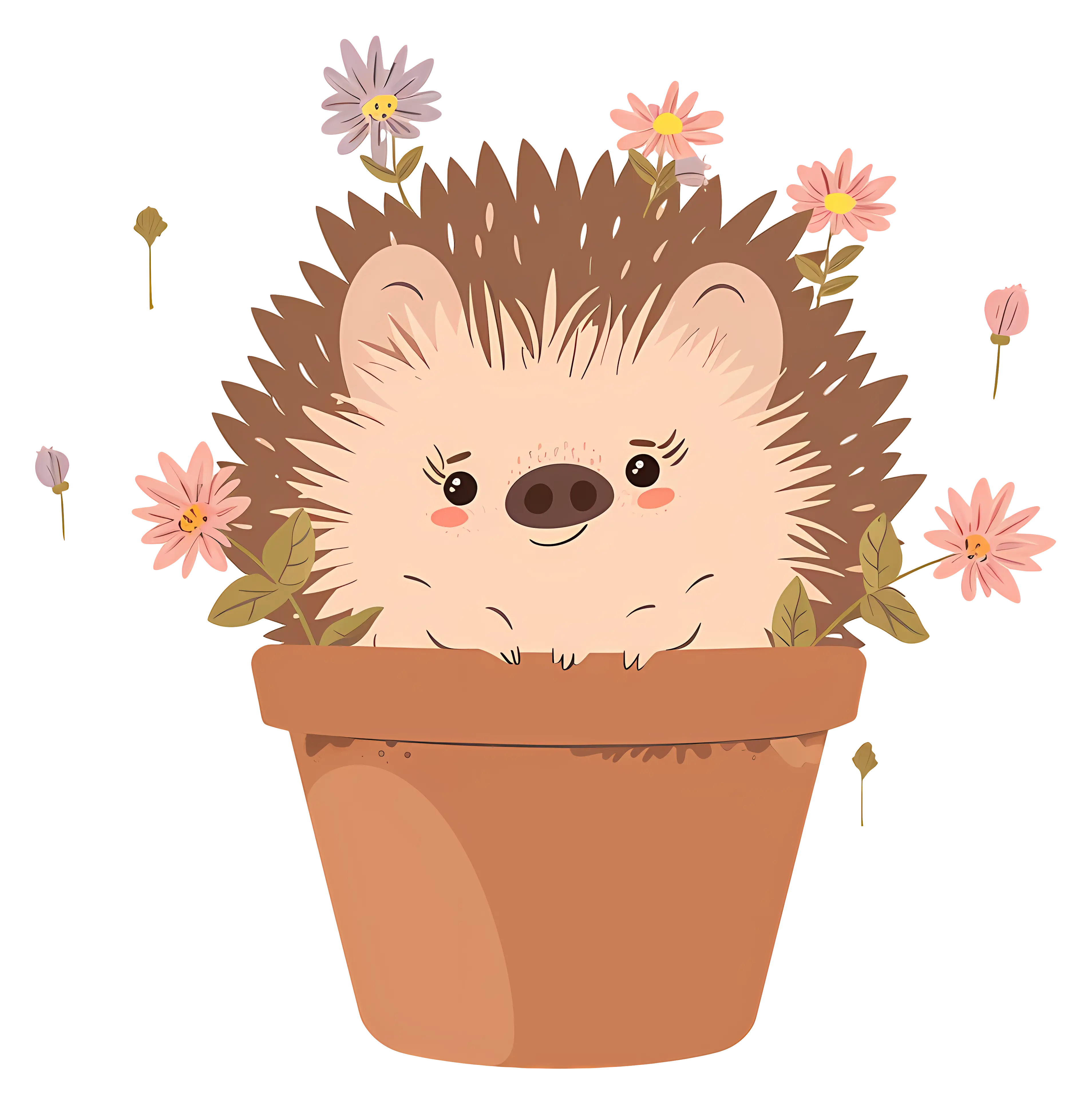 Cartoon Hedgehog Sitting in a Flower Pot with Flowers