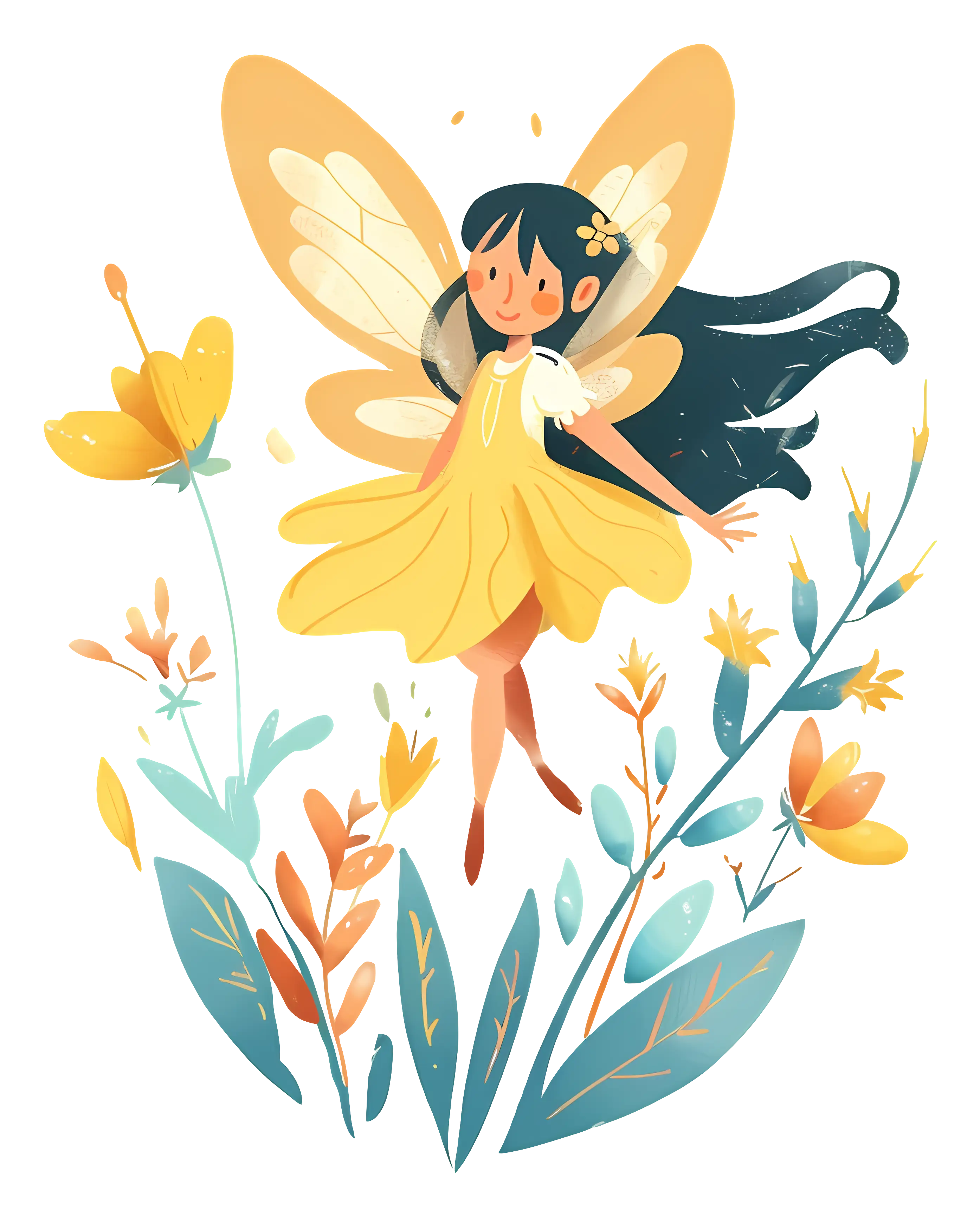 Yellow Fairy in a Floral Scene