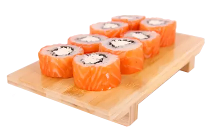 Sushi Rolls with Salmon on Wooden Tray