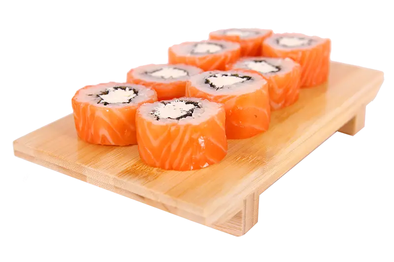 Sushi Rolls with Salmon on Wooden Tray