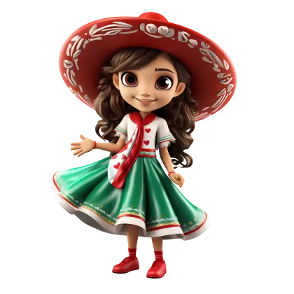 Cartoon Girl in Traditional Mexican Dress and Hat