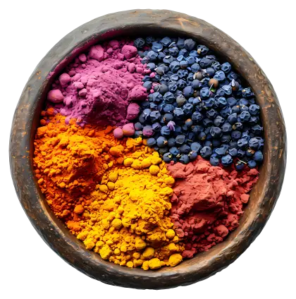 Colorful powders and beads in a wooden bowl