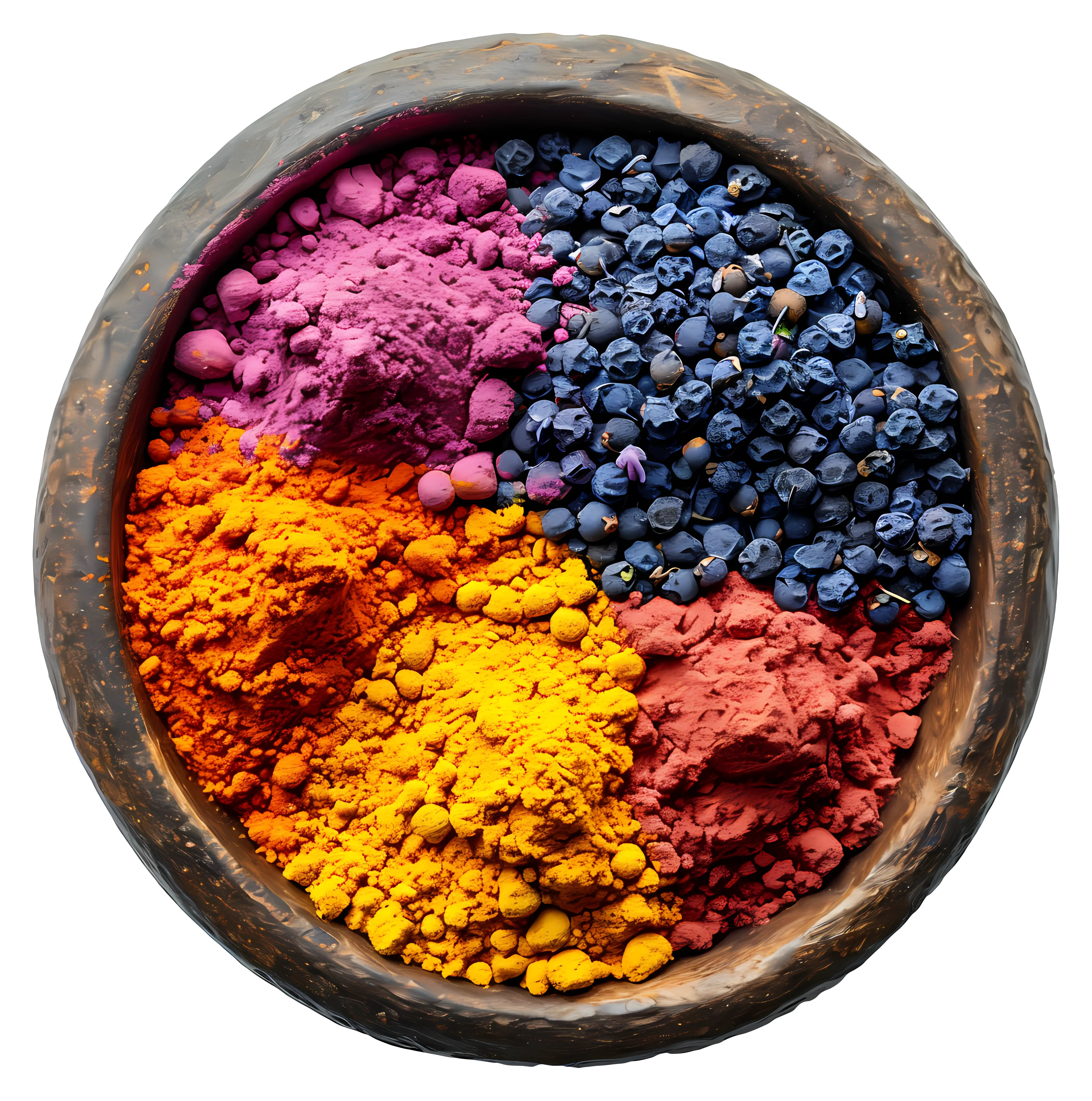Colorful powders and beads in a wooden bowl
