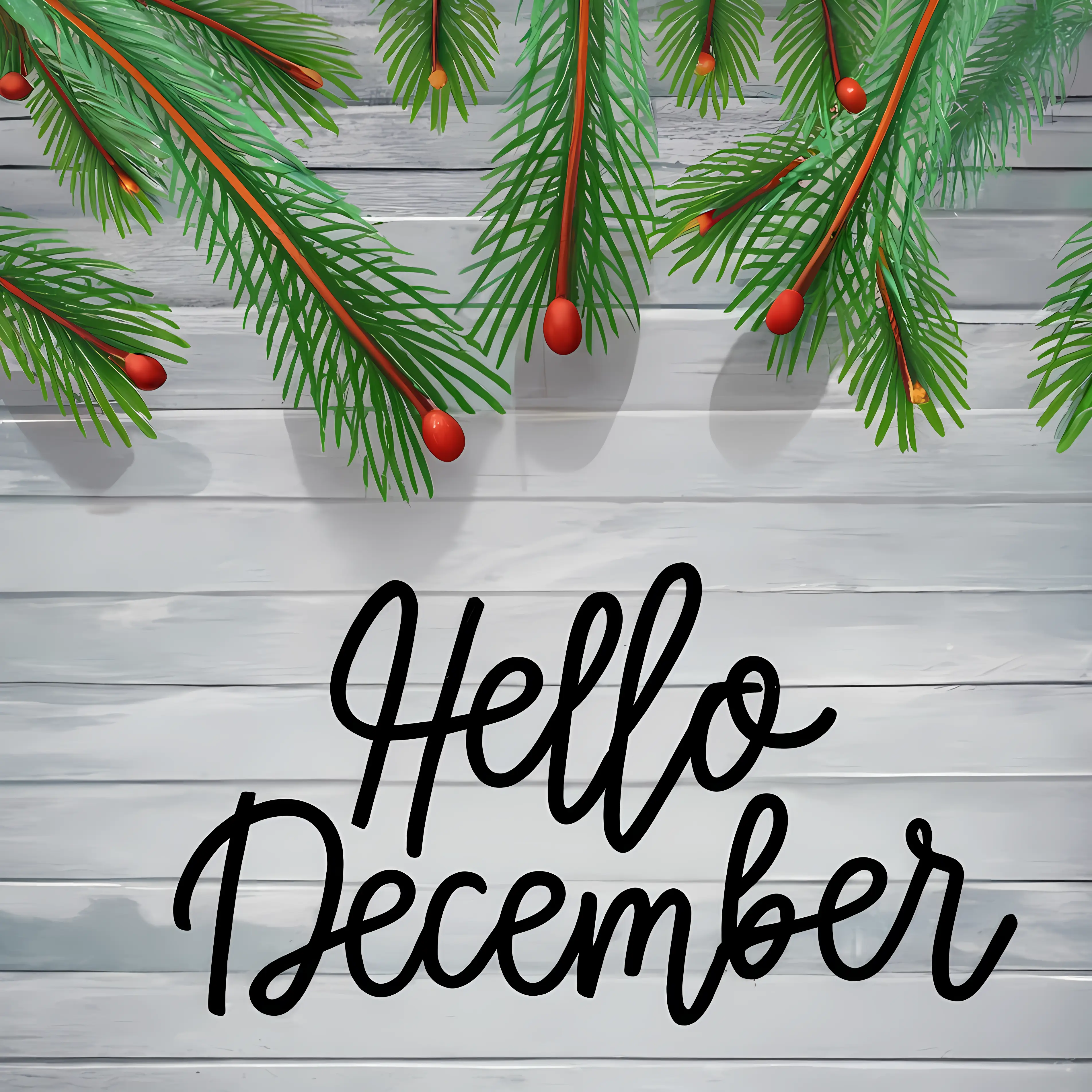 Holiday Pine Branches with Hello December Greeting