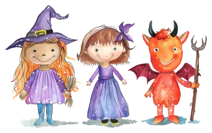 Cute Halloween Characters with Witch and Devil Outfits
