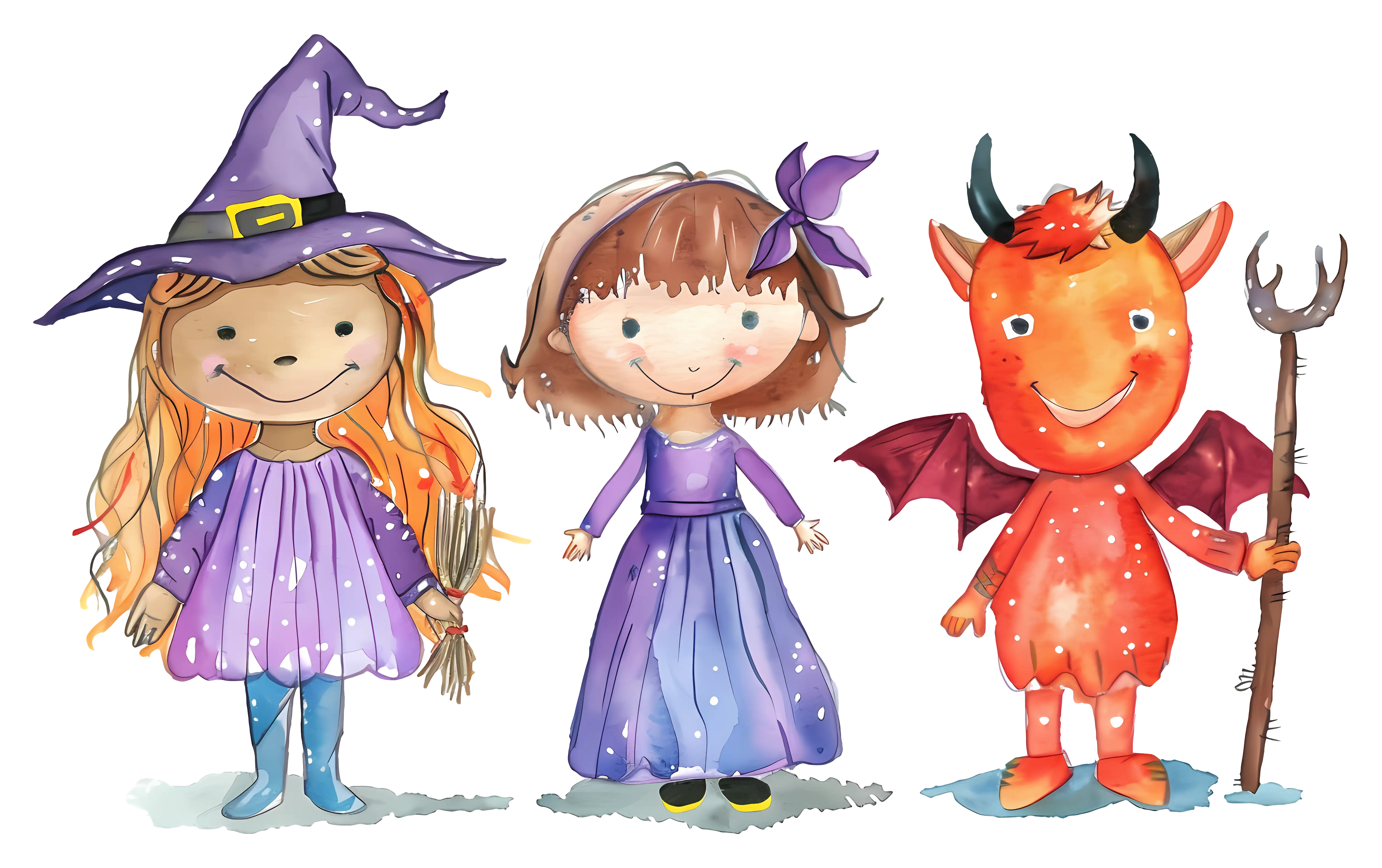 Cute Halloween Characters with Witch and Devil Outfits