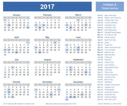 2017 Calendar with Holidays
