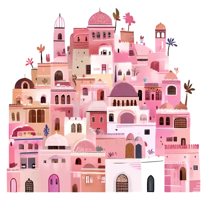 Colorful Pink Cityscape with Various Buildings