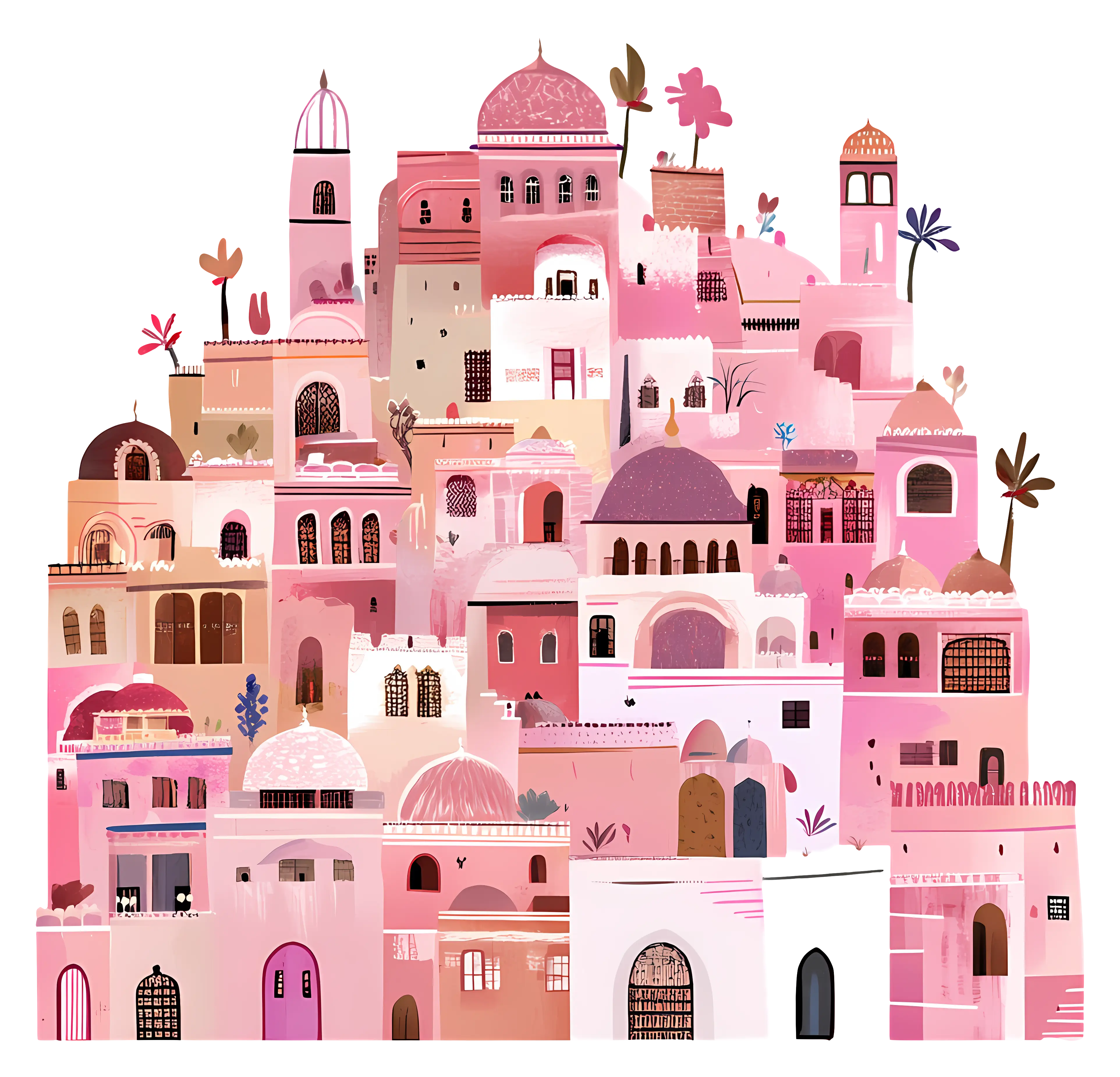 Colorful Pink Cityscape with Various Buildings