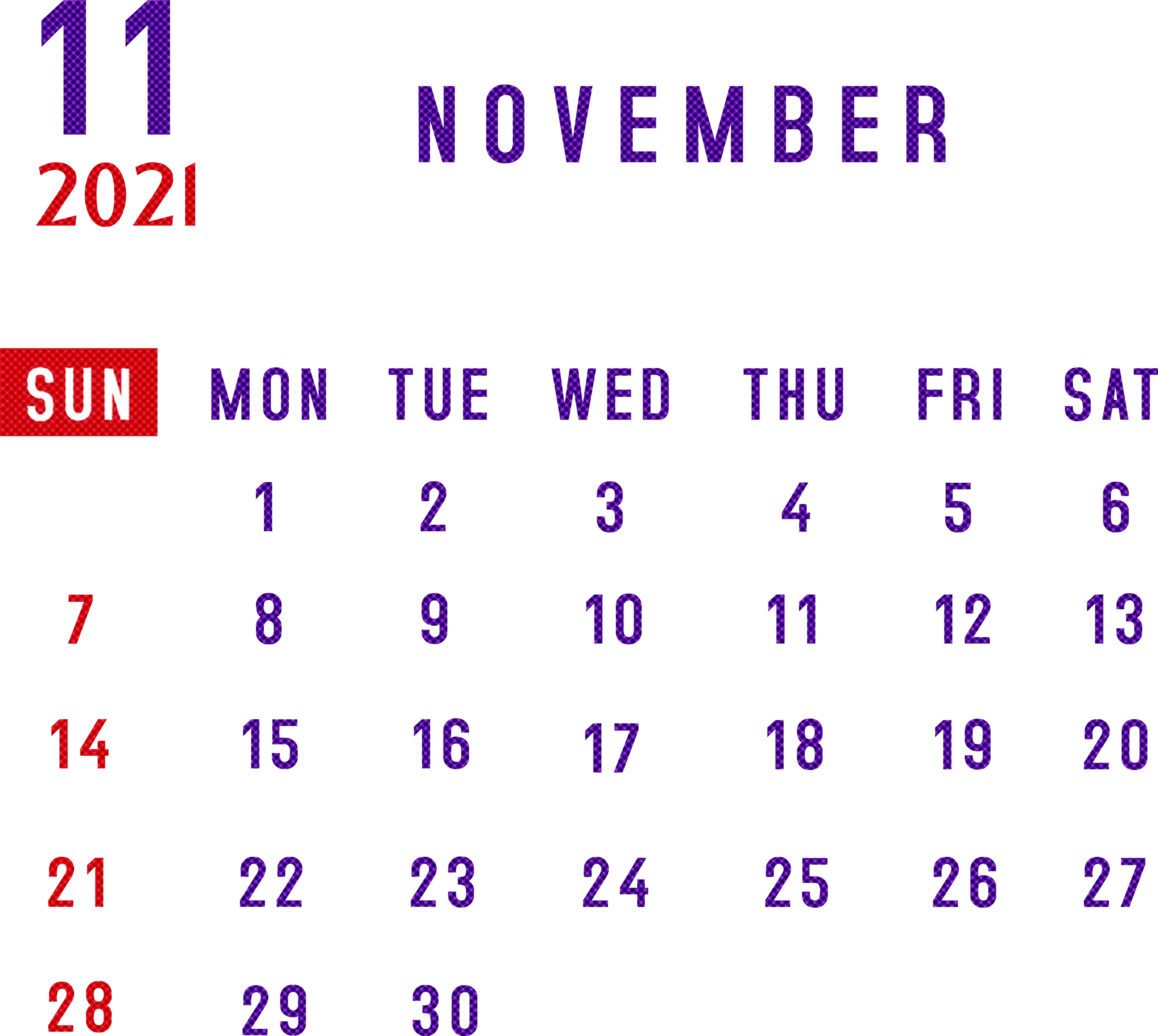 November 2021 Monthly Calendar