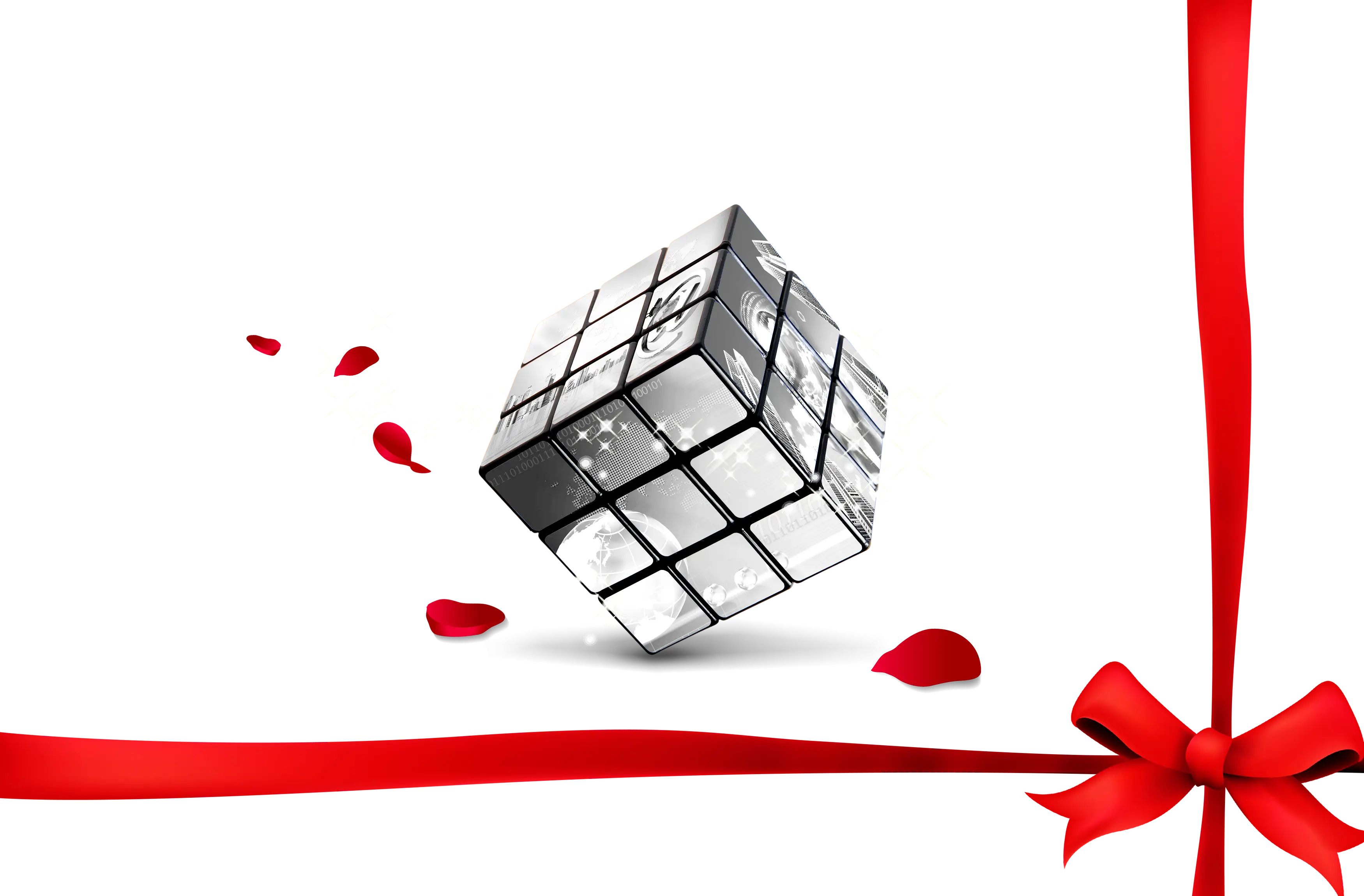 Rubik's Cube with Red Ribbon and Petals