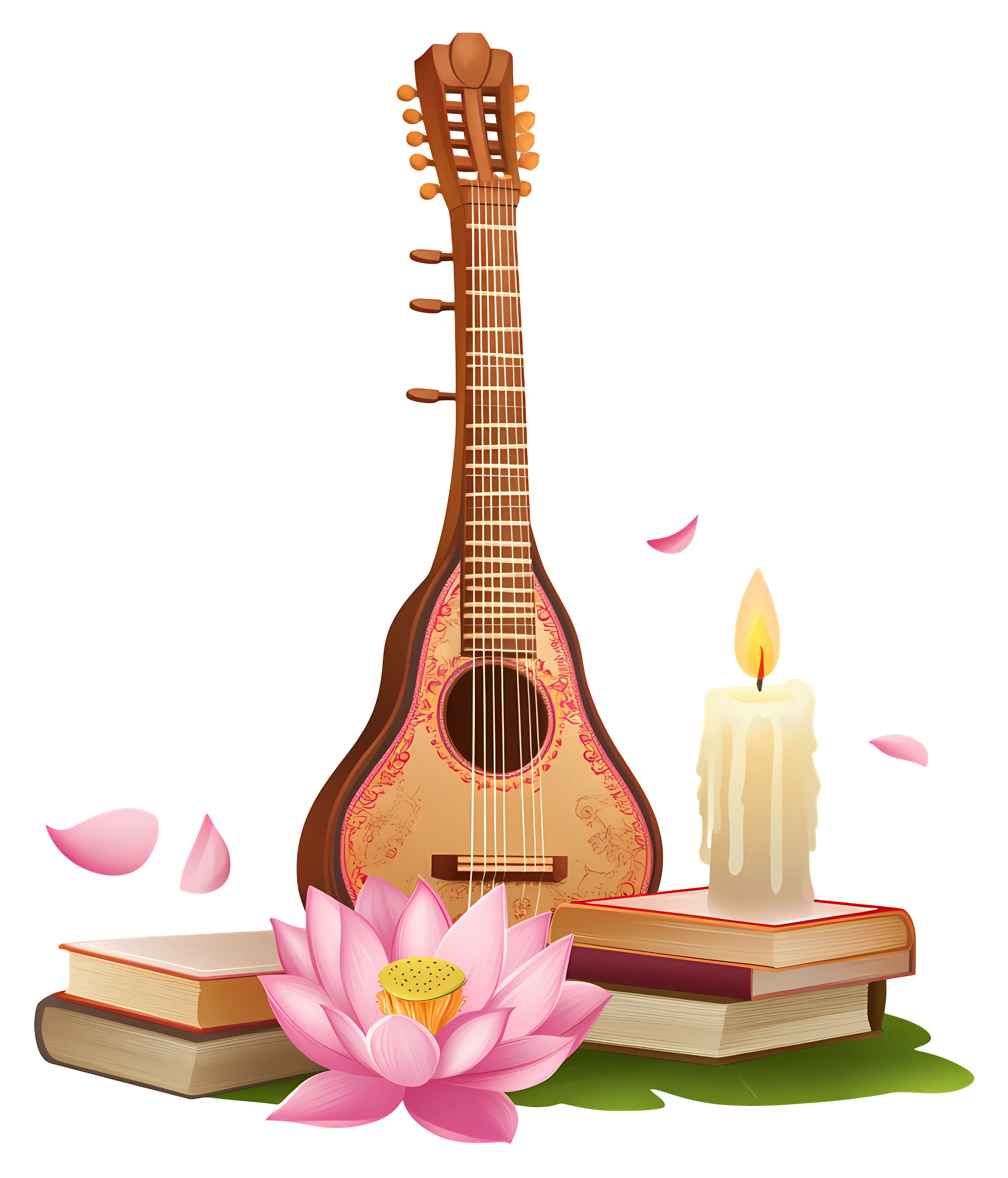 Instrument, Books, Candle, and Lotus Illustration