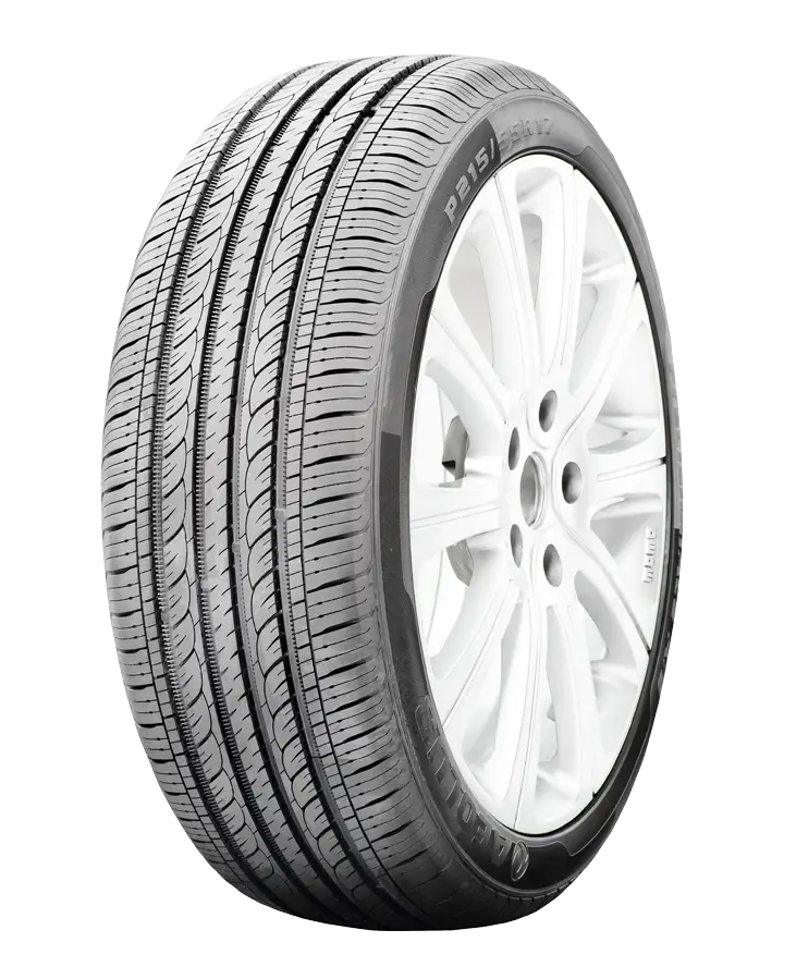 Car Tire with White Alloy Wheel and Tread Design
