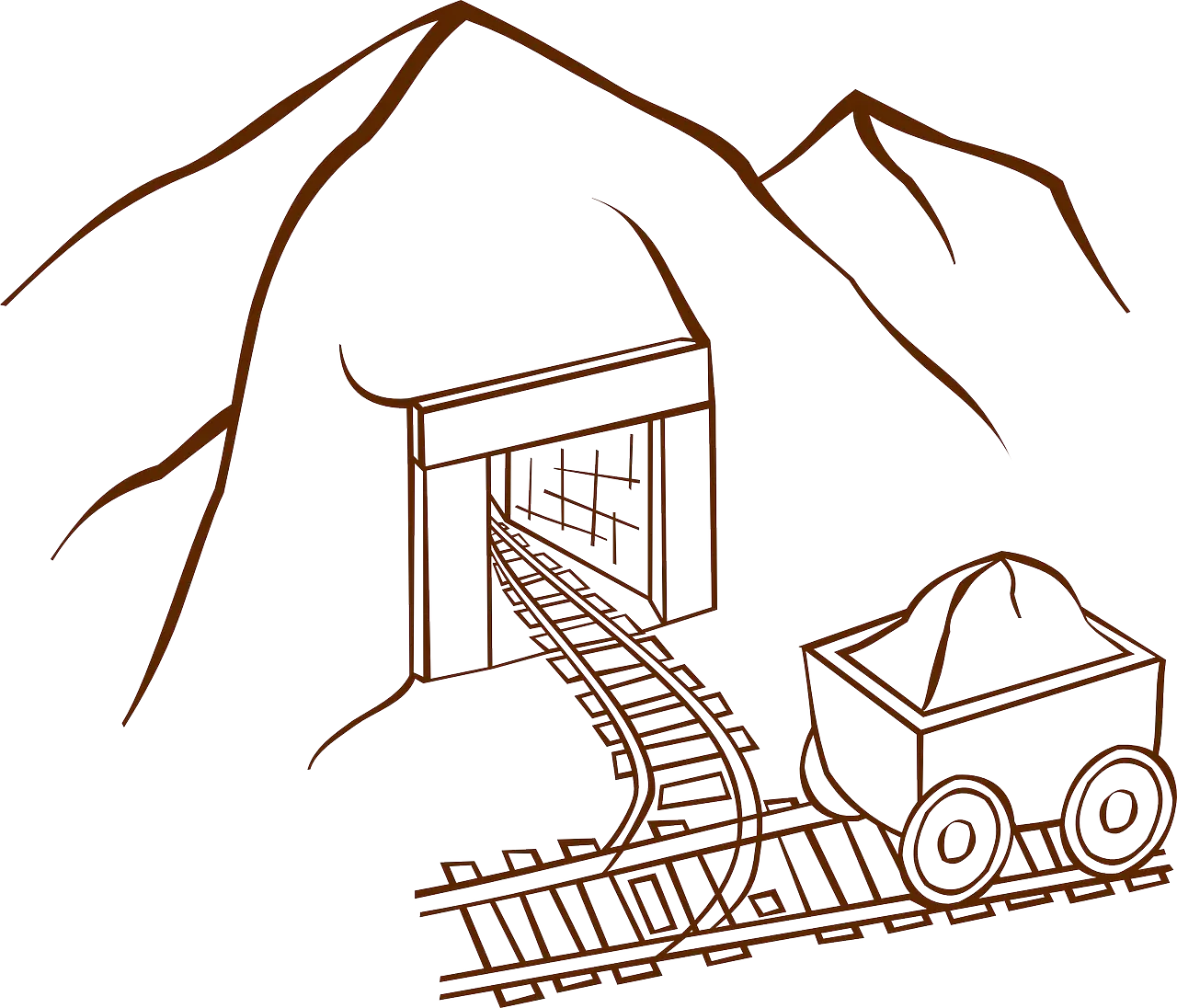 Line Art Illustration of Mining Cart and Tunnel
