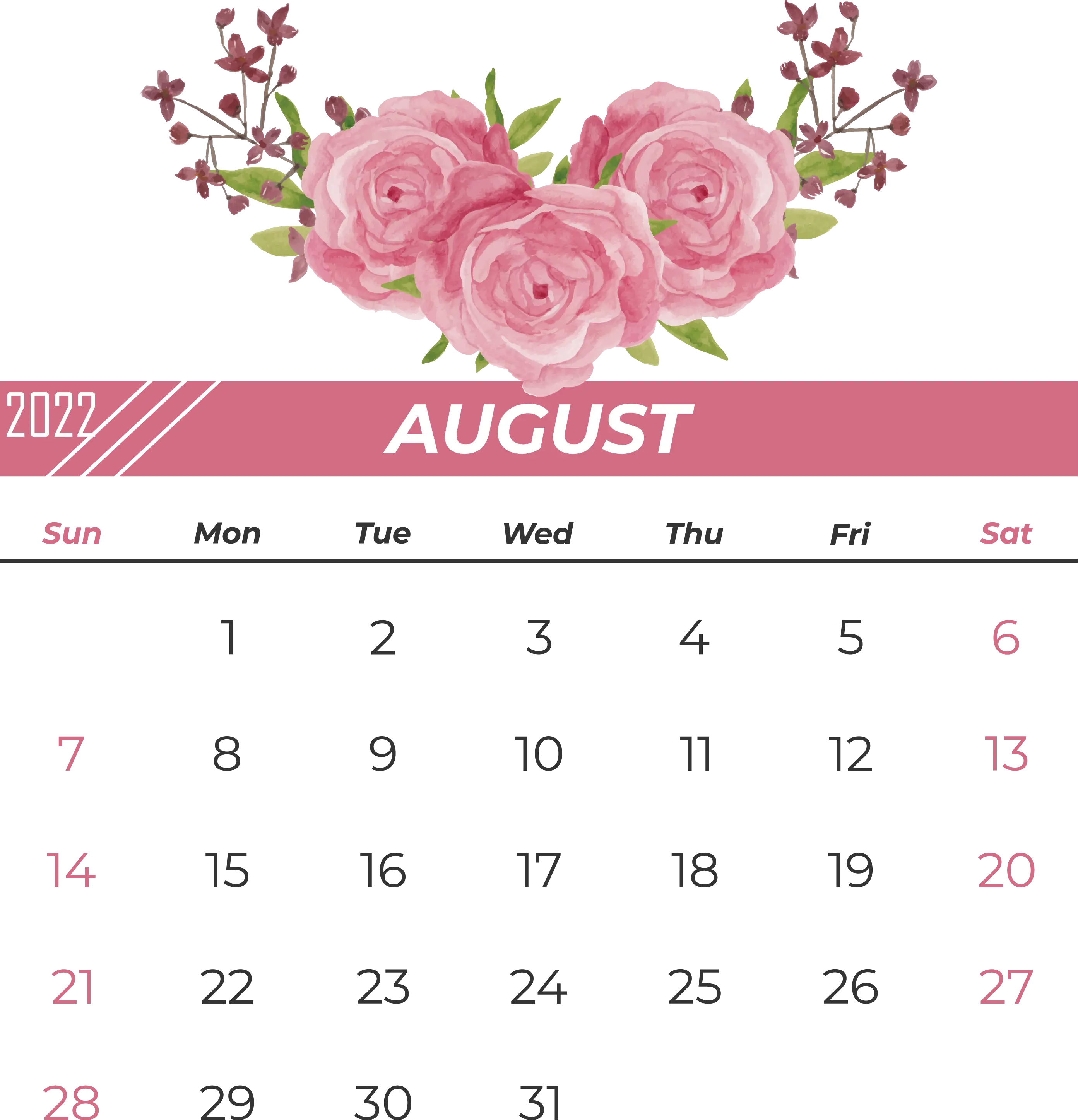 August Calendar with Pink Floral Design