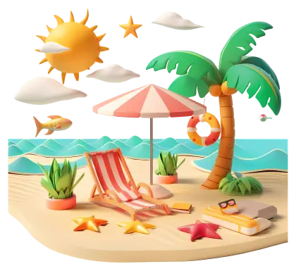 Tropical Beach Scene with Palm Trees and Sun