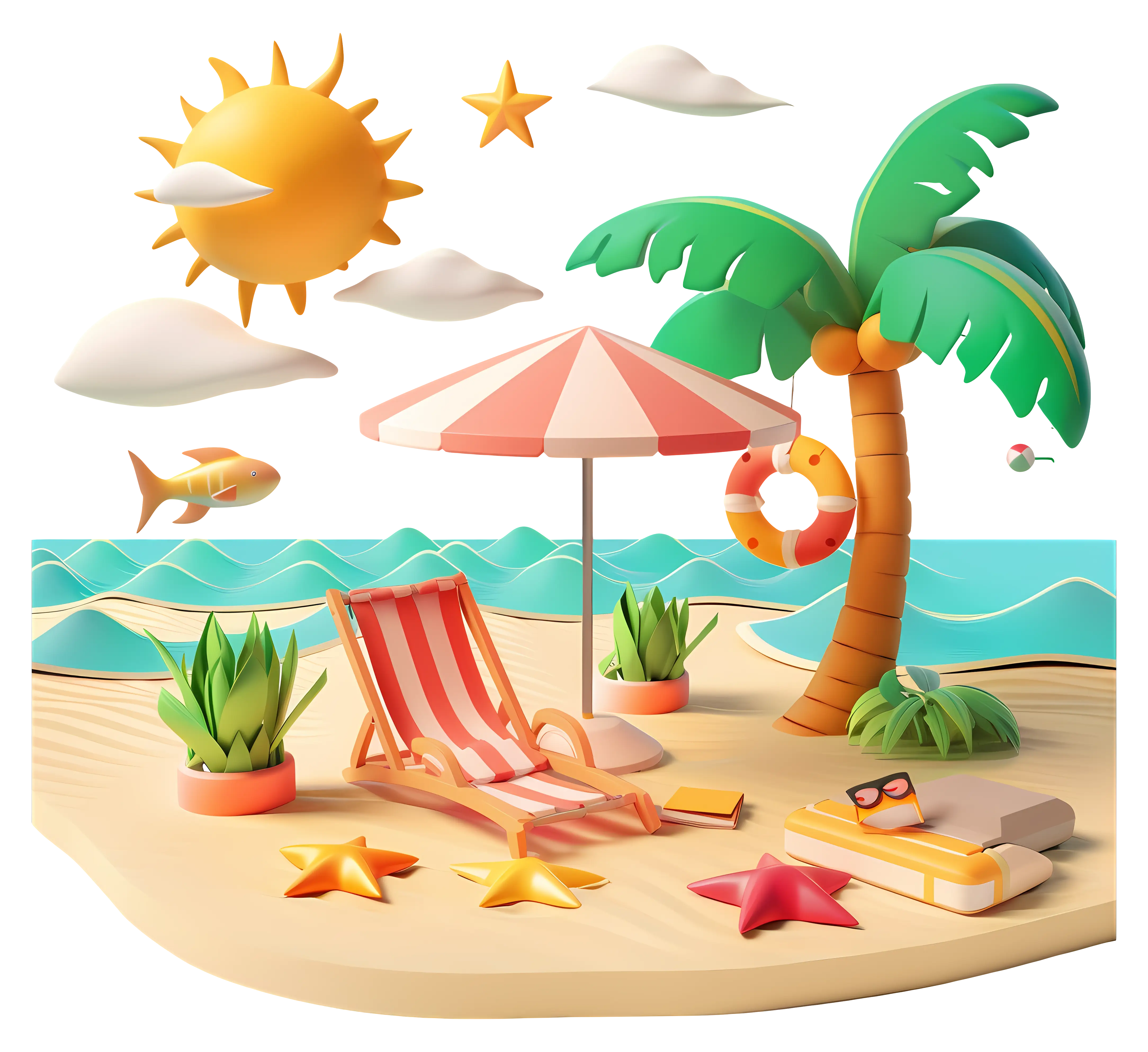 Tropical Beach Scene with Palm Trees and Sun