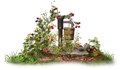 Vintage Water Pump Surrounded by Flowers