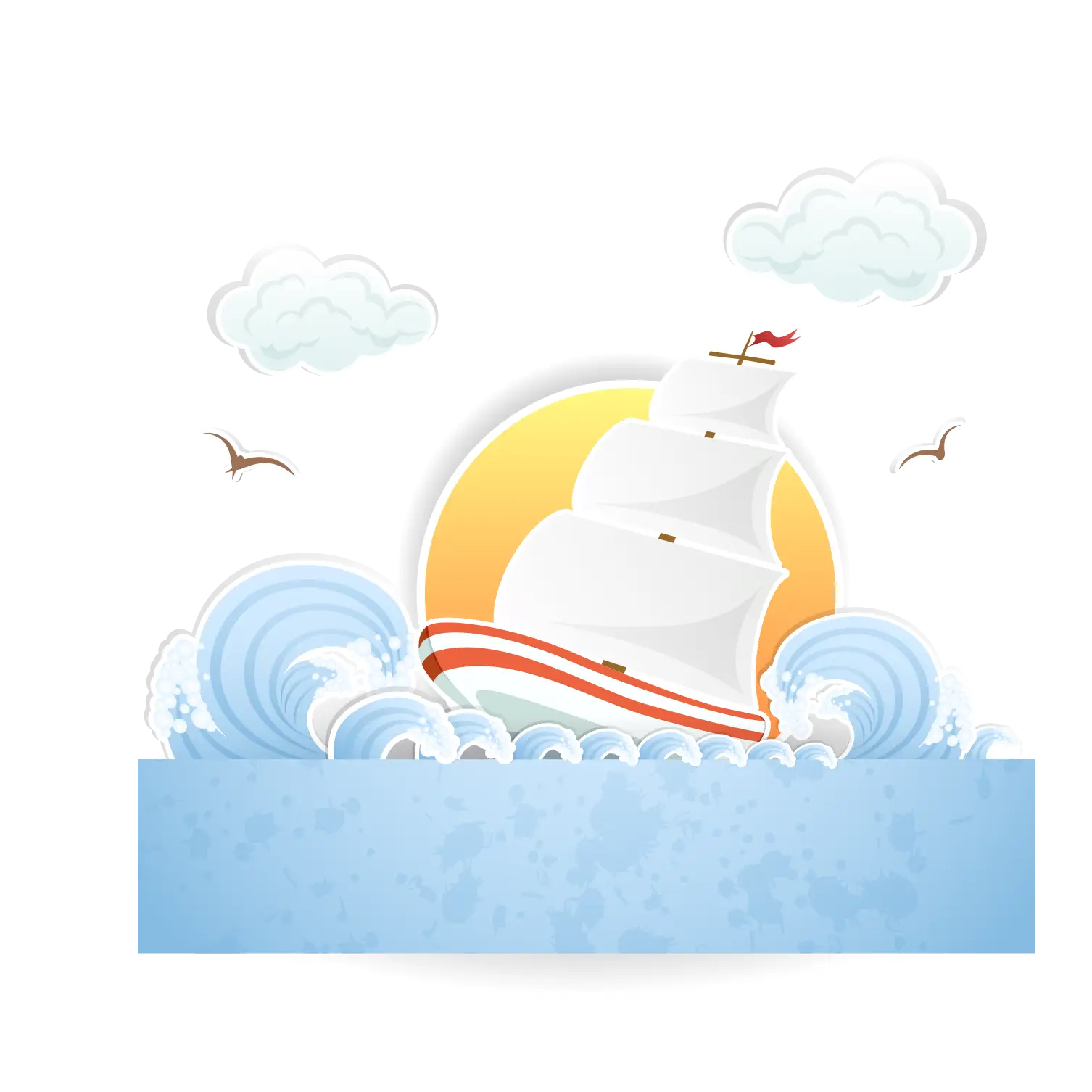 Sailing Ship with Sun and Waves