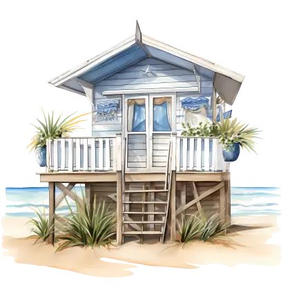 Beach House with Blue Roof on Sandy Coast