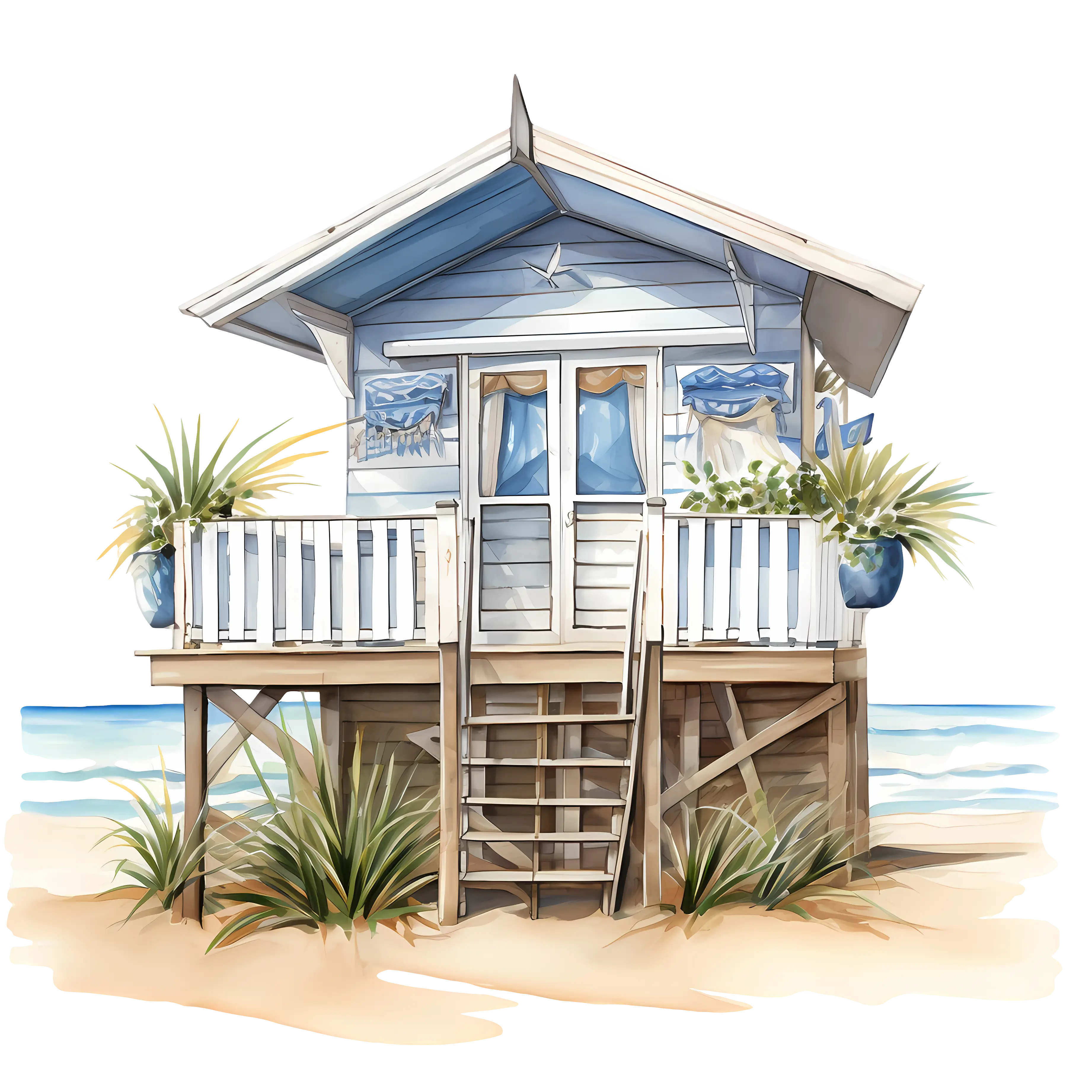 Beach House with Blue Roof on Sandy Coast