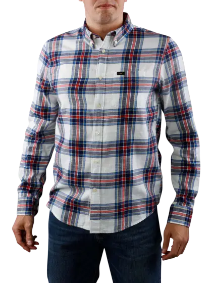 Man Wearing Blue and Red Plaid Long-Sleeve Shirt