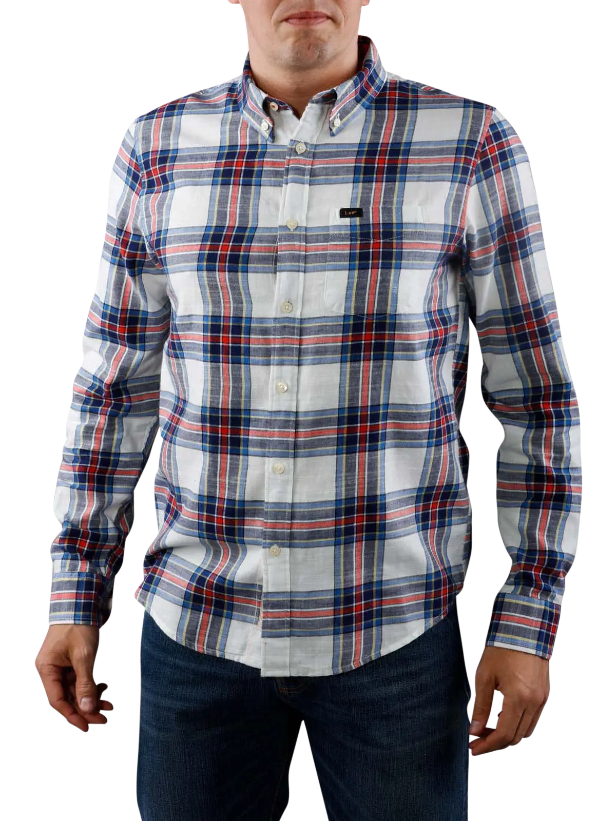 Man Wearing Blue and Red Plaid Long-Sleeve Shirt