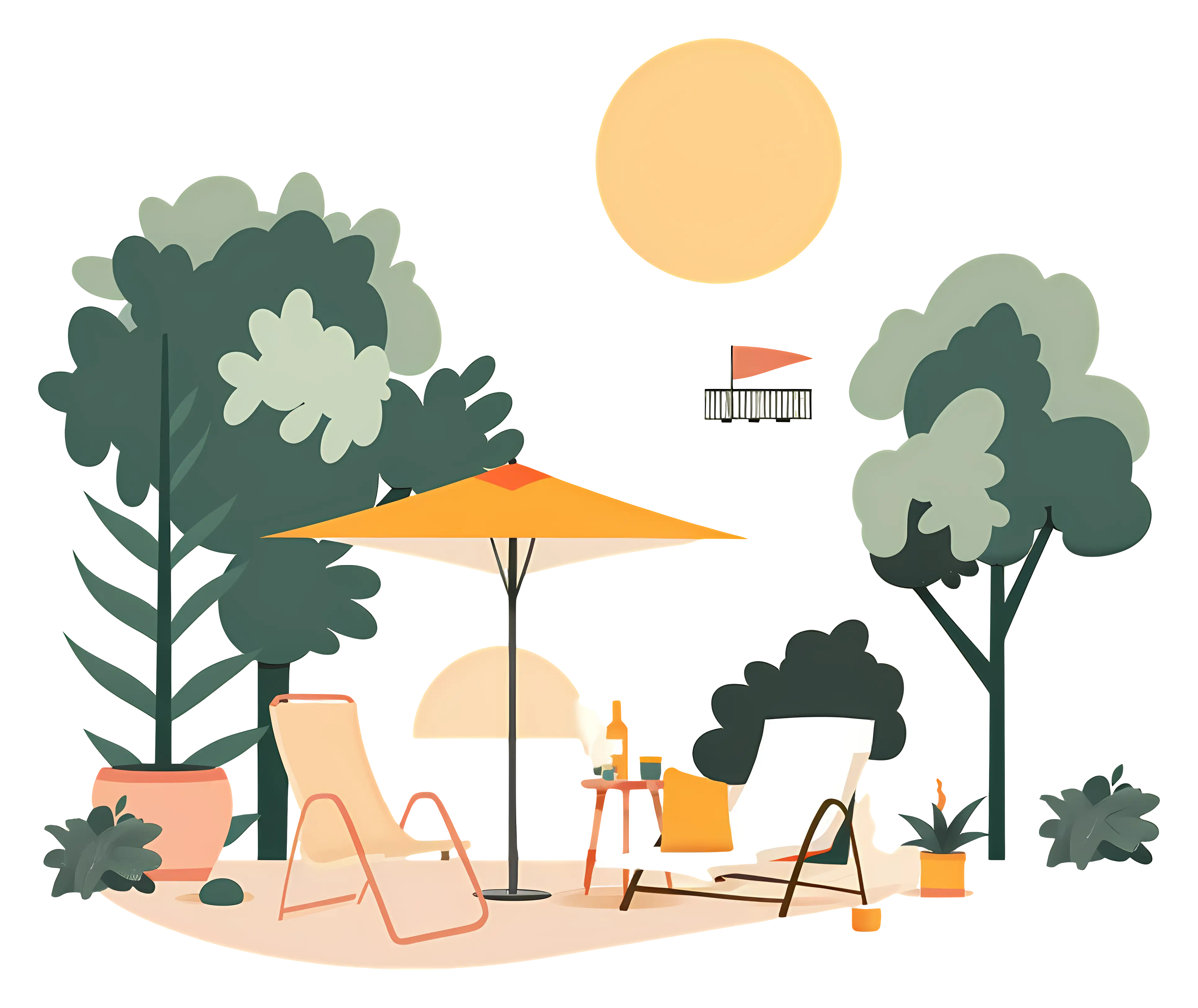 Outdoor Lounge Area with Trees and Sun