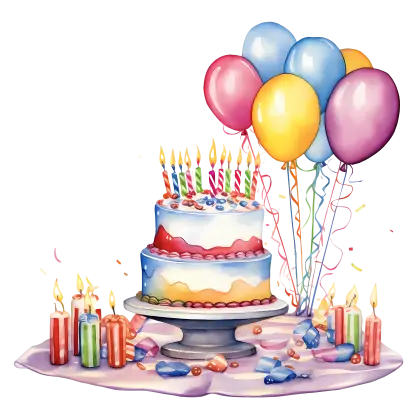 Birthday Cake with Candles and Balloons