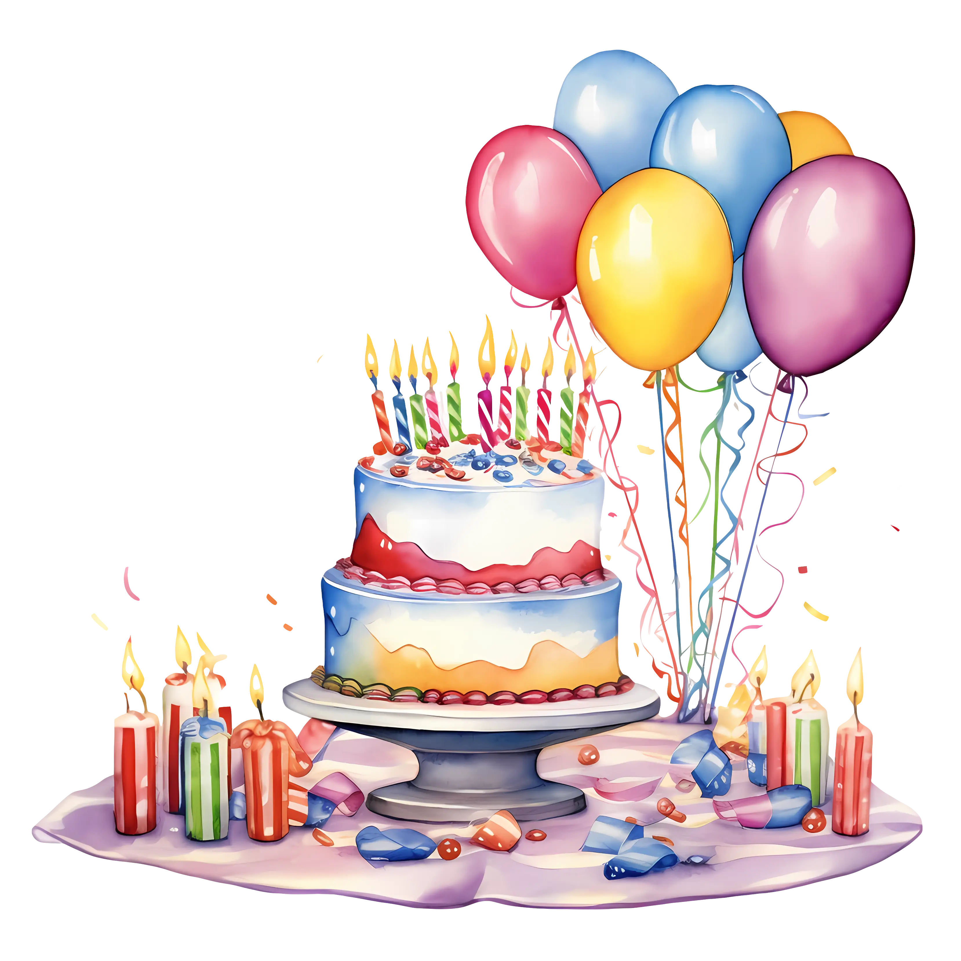 Birthday Cake with Candles and Balloons