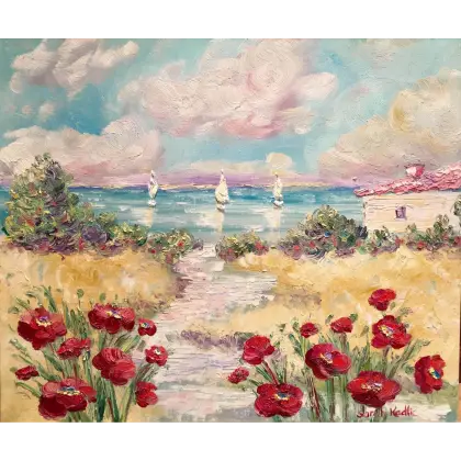 Coastal Landscape Painting with Flowers and Sailboats