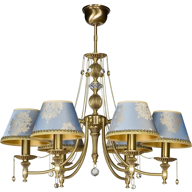 Elegant Gold Chandelier with Blue Lampshades