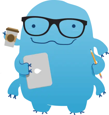 Blue Cartoon Character with Glasses and Coffee
