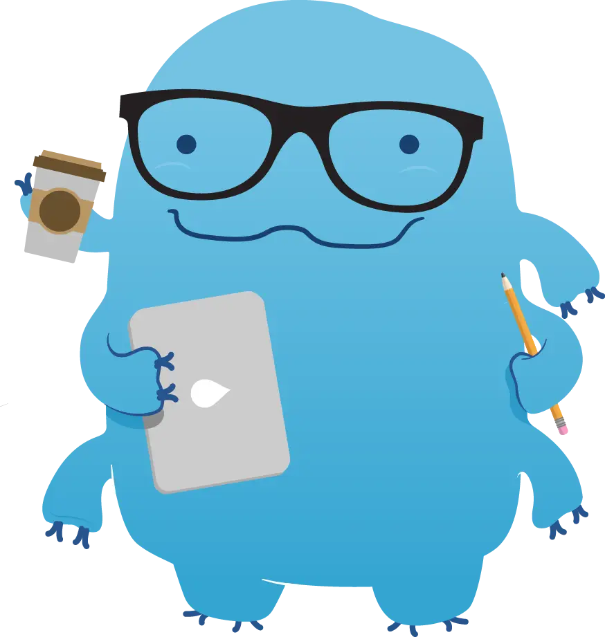 Blue Cartoon Character with Glasses and Coffee