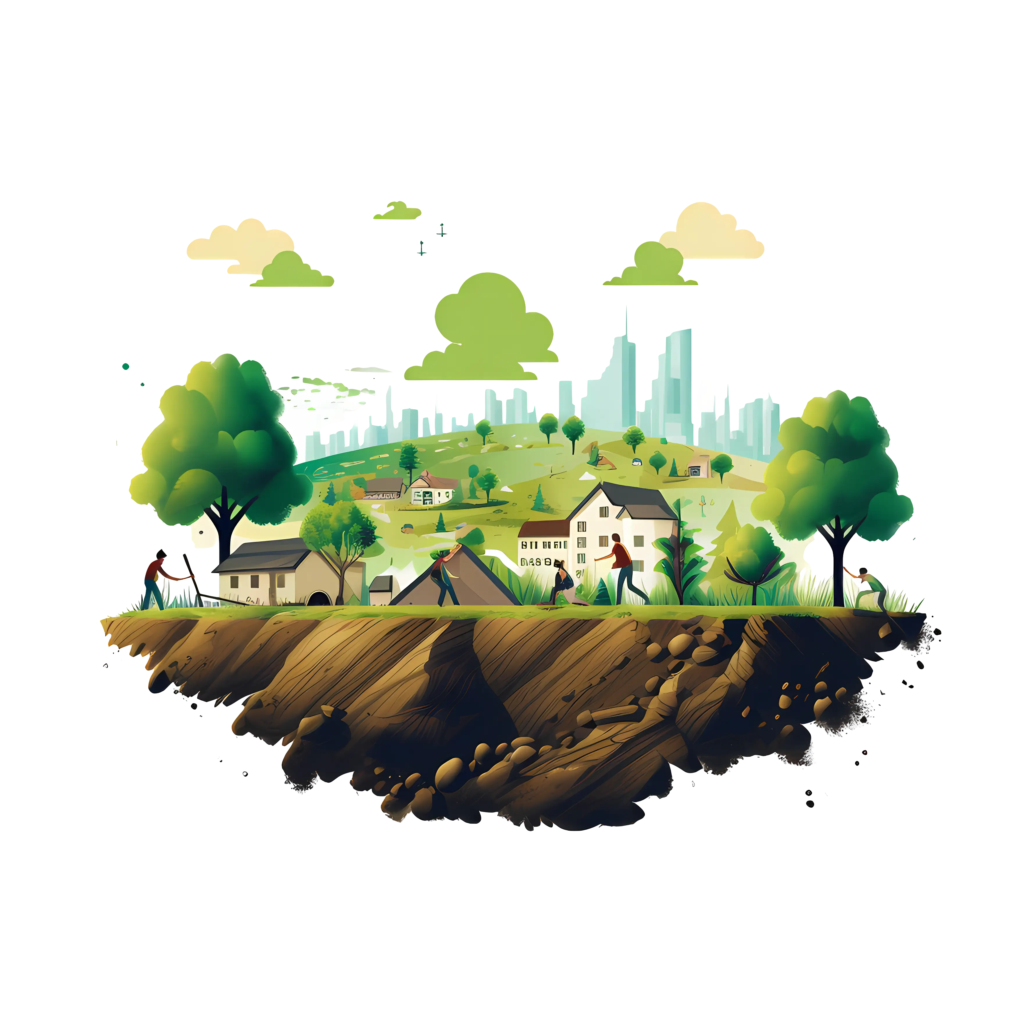 Floating Island with Village and City