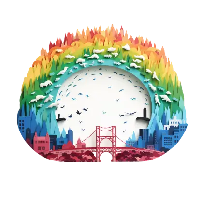 Colorful Rainbow Cityscape with Bridge and Birds