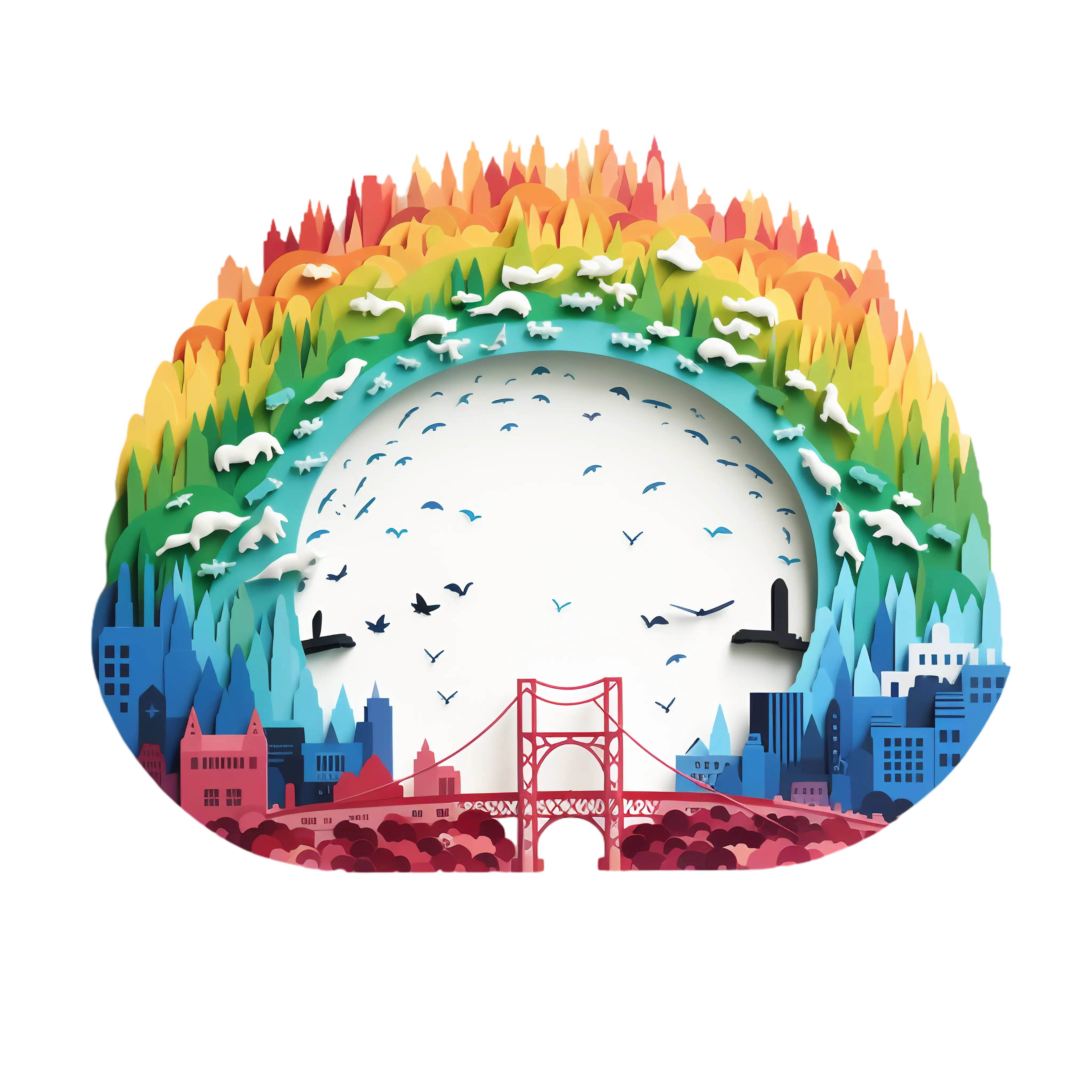 Colorful Rainbow Cityscape with Bridge and Birds